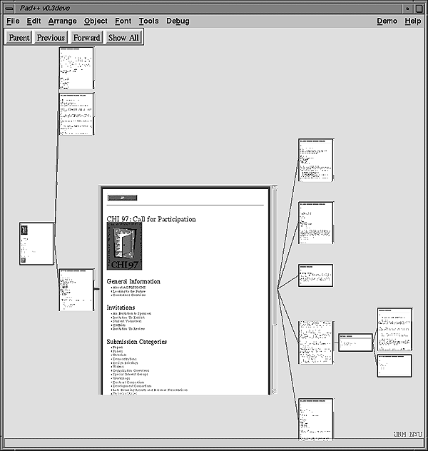 El navegador Pad++ fue uno de las primeras interfaces en incorporar este tipo de interacción. 